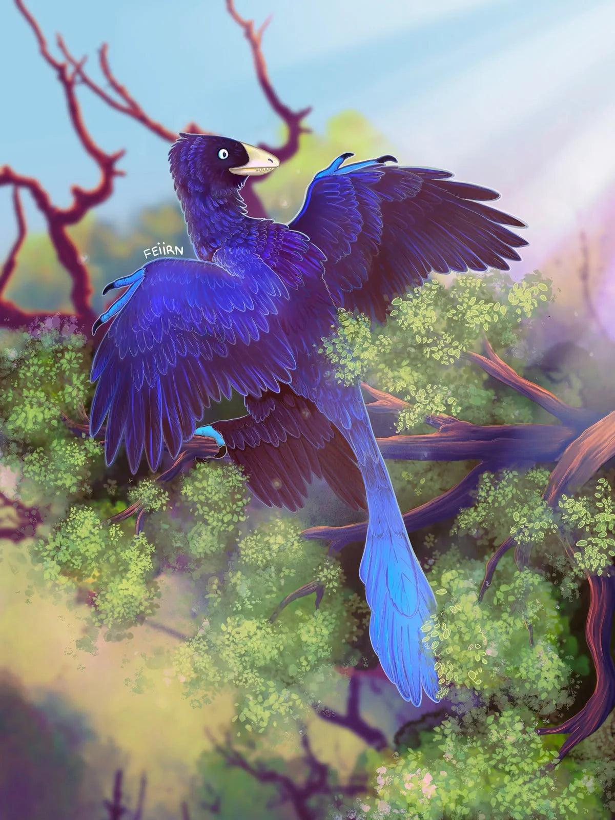 Blue and purple bird perched among vivid forest foliage
