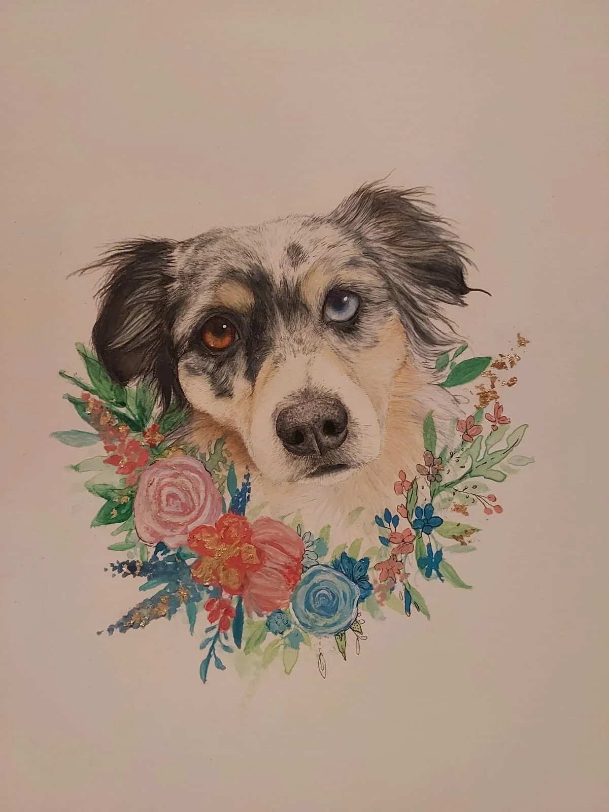 Pet portrait of a dog with one brown eye and one blue eye, framed by pink and blue flowers.